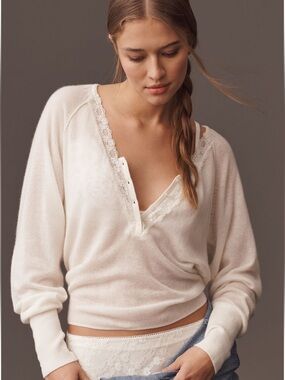 Anthropologie wool cashmere lace trim sweater
